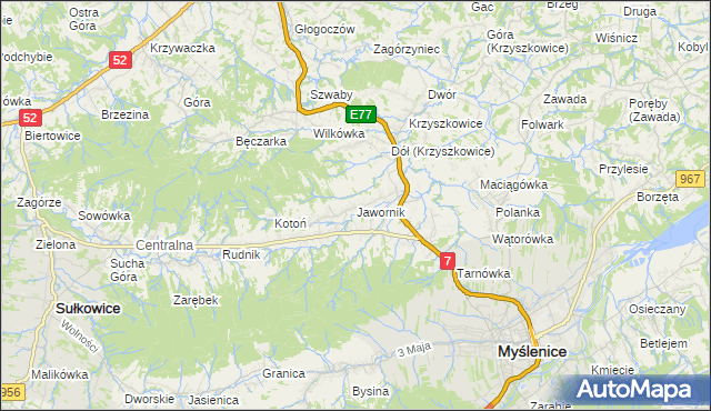 mapa Jawornik gmina Myślenice, Jawornik gmina Myślenice na mapie Targeo