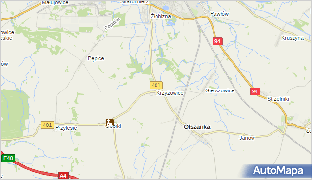 mapa Krzyżowice gmina Olszanka, Krzyżowice gmina Olszanka na mapie Targeo