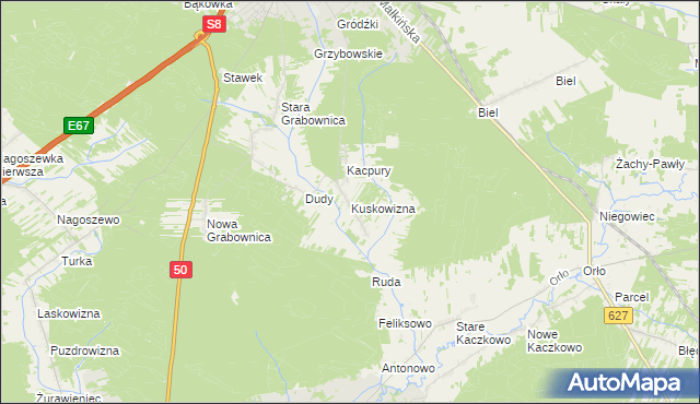 mapa Kuskowizna gmina Ostrów Mazowiecka, Kuskowizna gmina Ostrów Mazowiecka na mapie Targeo