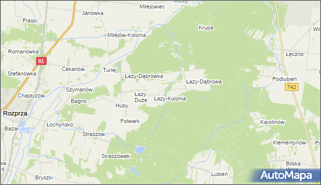 mapa Łazy gmina Sulejów, Łazy gmina Sulejów na mapie Targeo