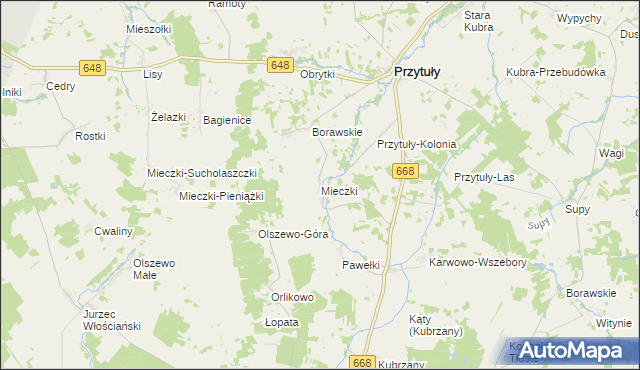 mapa Mieczki gmina Przytuły, Mieczki gmina Przytuły na mapie Targeo