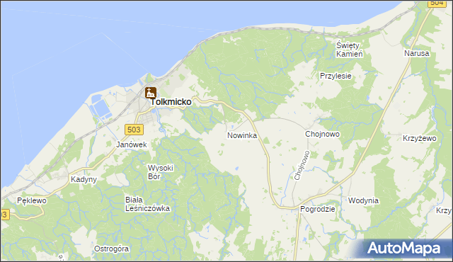 mapa Nowinka gmina Tolkmicko, Nowinka gmina Tolkmicko na mapie Targeo
