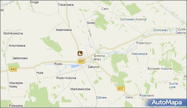 mapa Średnia Wieś gmina Żółkiewka, Średnia Wieś gmina Żółkiewka na mapie Targeo