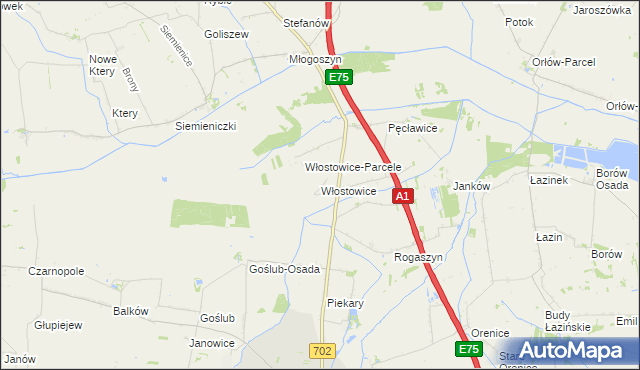 mapa Włostowice gmina Piątek, Włostowice gmina Piątek na mapie Targeo