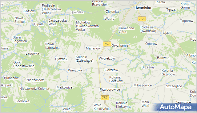 mapa Wygiełzów gmina Iwaniska, Wygiełzów gmina Iwaniska na mapie Targeo