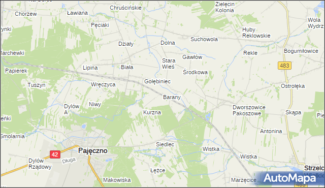 mapa Barany gmina Pajęczno, Barany gmina Pajęczno na mapie Targeo