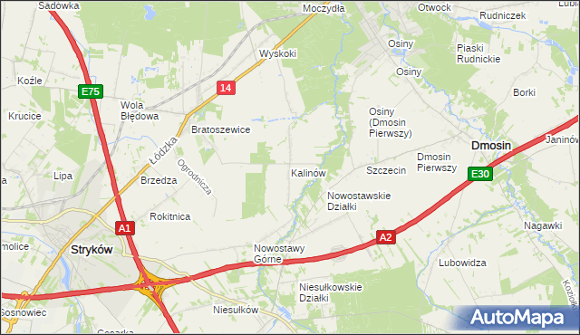 mapa Kalinów gmina Stryków, Kalinów gmina Stryków na mapie Targeo