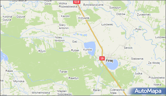 mapa Kunów gmina Firlej, Kunów gmina Firlej na mapie Targeo