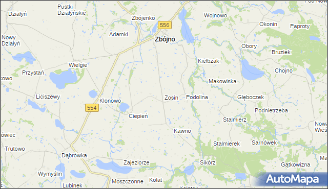 mapa Zosin gmina Zbójno, Zosin gmina Zbójno na mapie Targeo