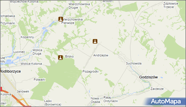 mapa Andrzejów gmina Godziszów, Andrzejów gmina Godziszów na mapie Targeo