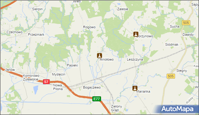 mapa Aniołowo gmina Pasłęk, Aniołowo gmina Pasłęk na mapie Targeo