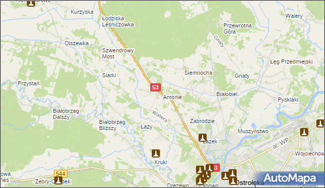 mapa Antonie gmina Olszewo-Borki, Antonie gmina Olszewo-Borki na mapie Targeo