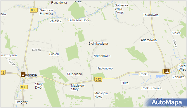 mapa Antoniówka gmina Wysokie, Antoniówka gmina Wysokie na mapie Targeo