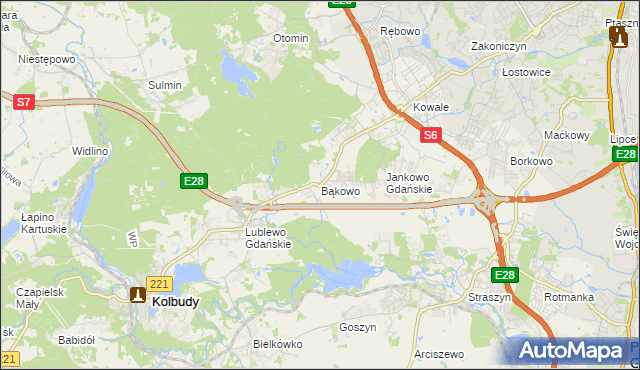 mapa Bąkowo gmina Kolbudy, Bąkowo gmina Kolbudy na mapie Targeo