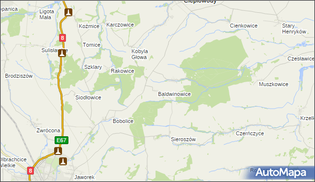 mapa Baldwinowice gmina Ciepłowody, Baldwinowice gmina Ciepłowody na mapie Targeo