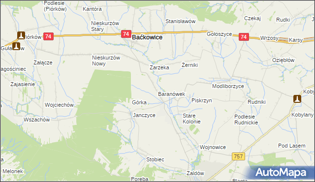 mapa Baranówek gmina Baćkowice, Baranówek gmina Baćkowice na mapie Targeo