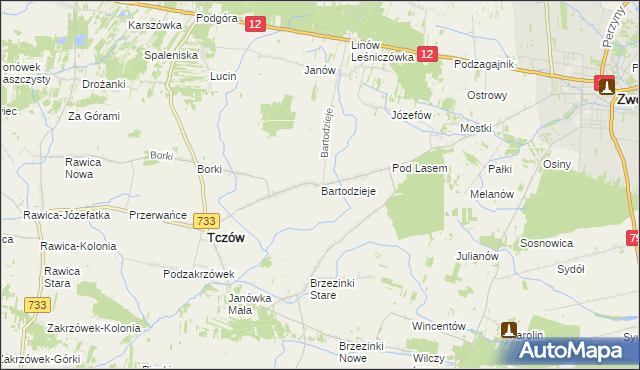 mapa Bartodzieje gmina Tczów, Bartodzieje gmina Tczów na mapie Targeo