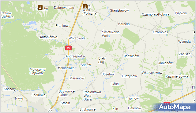 mapa Biały Ług gmina Policzna, Biały Ług gmina Policzna na mapie Targeo