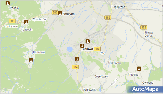 mapa Bielawa powiat dzierżoniowski, Bielawa powiat dzierżoniowski na mapie Targeo