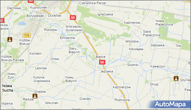mapa Bielice gmina Sochaczew, Bielice gmina Sochaczew na mapie Targeo
