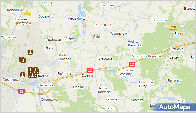 mapa Bielowice gmina Opoczno, Bielowice gmina Opoczno na mapie Targeo