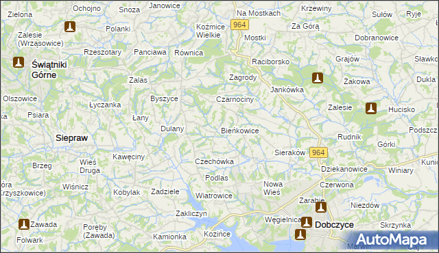 mapa Bieńkowice gmina Dobczyce, Bieńkowice gmina Dobczyce na mapie Targeo