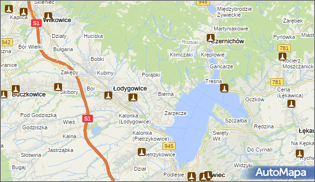 mapa Bierna gmina Łodygowice, Bierna gmina Łodygowice na mapie Targeo