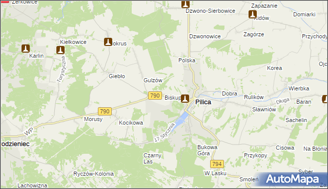 mapa Biskupice gmina Pilica, Biskupice gmina Pilica na mapie Targeo