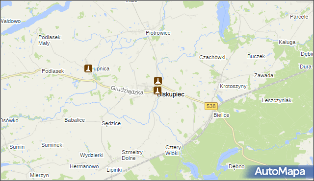 mapa Biskupiec powiat nowomiejski, Biskupiec powiat nowomiejski na mapie Targeo