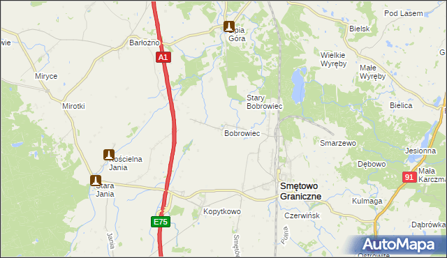 mapa Bobrowiec gmina Smętowo Graniczne, Bobrowiec gmina Smętowo Graniczne na mapie Targeo