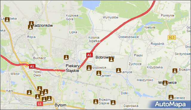 mapa Bobrowniki powiat będziński, Bobrowniki powiat będziński na mapie Targeo