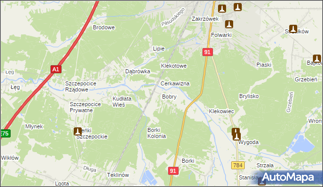 mapa Bobry gmina Radomsko, Bobry gmina Radomsko na mapie Targeo
