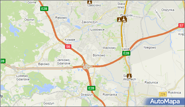 mapa Borkowo gmina Pruszcz Gdański, Borkowo gmina Pruszcz Gdański na mapie Targeo