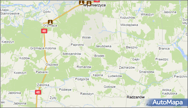 mapa Brodek gmina Wyśmierzyce, Brodek gmina Wyśmierzyce na mapie Targeo