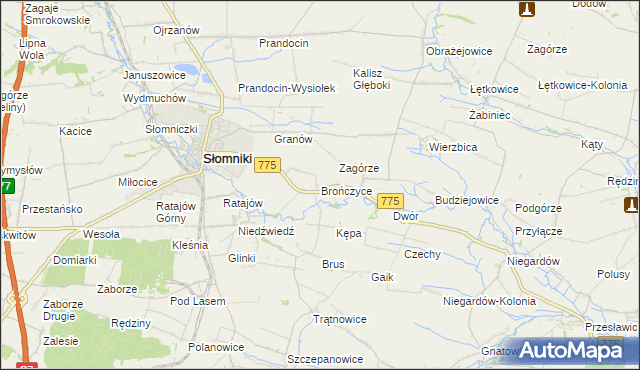 mapa Brończyce gmina Słomniki, Brończyce gmina Słomniki na mapie Targeo