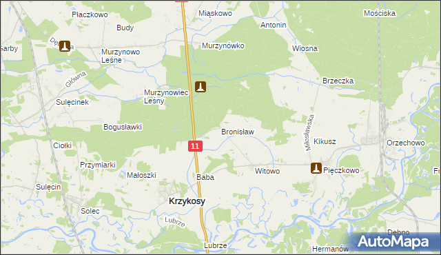 mapa Bronisław gmina Krzykosy, Bronisław gmina Krzykosy na mapie Targeo