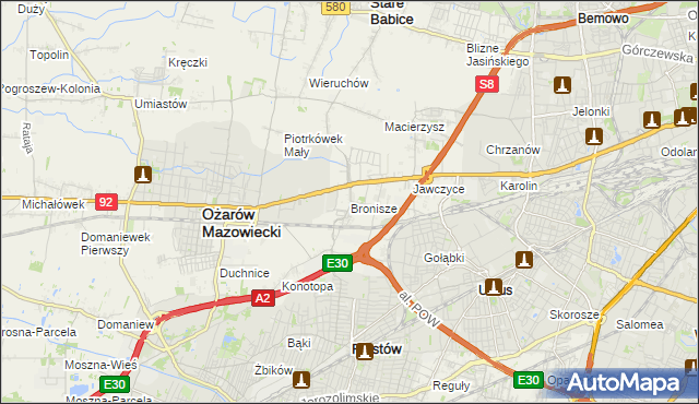 mapa Bronisze gmina Ożarów Mazowiecki, Bronisze gmina Ożarów Mazowiecki na mapie Targeo