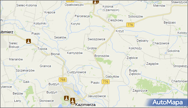 mapa Broniszów gmina Kazimierza Wielka, Broniszów gmina Kazimierza Wielka na mapie Targeo