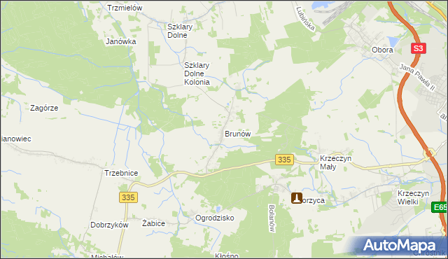 mapa Brunów gmina Chocianów, Brunów gmina Chocianów na mapie Targeo