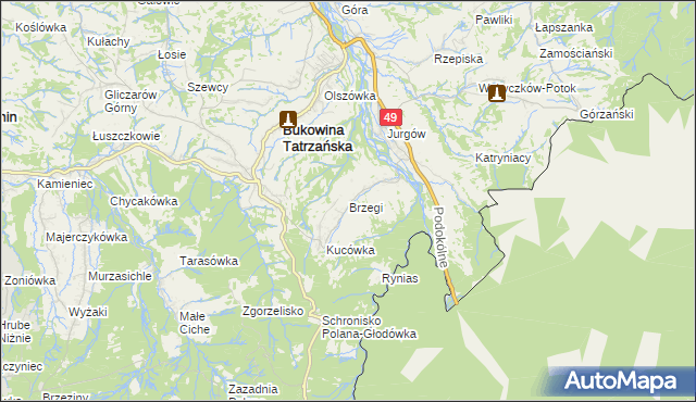 mapa Brzegi gmina Bukowina Tatrzańska, Brzegi gmina Bukowina Tatrzańska na mapie Targeo