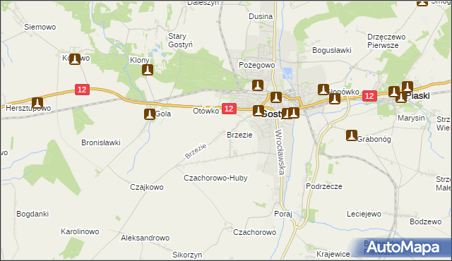 mapa Brzezie gmina Gostyń, Brzezie gmina Gostyń na mapie Targeo