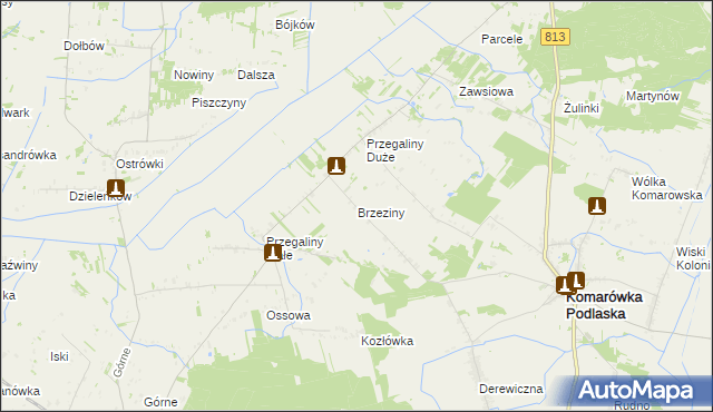 mapa Brzeziny gmina Komarówka Podlaska, Brzeziny gmina Komarówka Podlaska na mapie Targeo