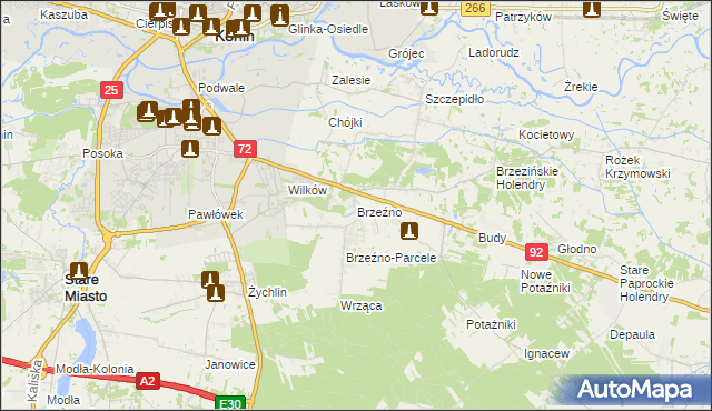 mapa Brzeźno gmina Krzymów, Brzeźno gmina Krzymów na mapie Targeo