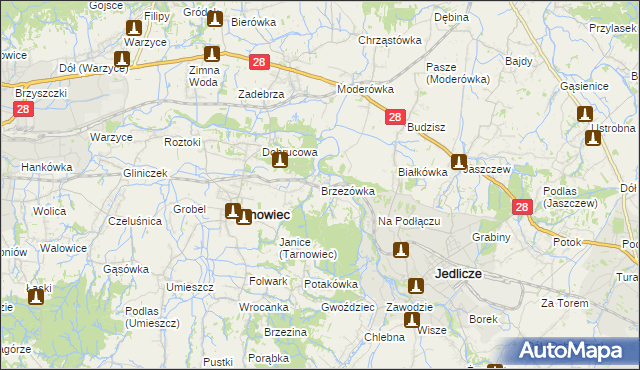 mapa Brzezówka gmina Tarnowiec, Brzezówka gmina Tarnowiec na mapie Targeo