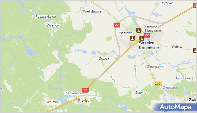 mapa Brzoza gmina Strzelce Krajeńskie, Brzoza gmina Strzelce Krajeńskie na mapie Targeo