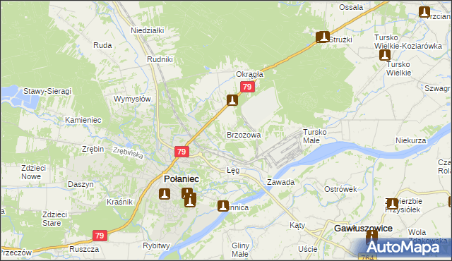 mapa Brzozowa gmina Połaniec, Brzozowa gmina Połaniec na mapie Targeo
