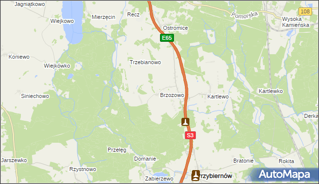 mapa Brzozowo gmina Przybiernów, Brzozowo gmina Przybiernów na mapie Targeo