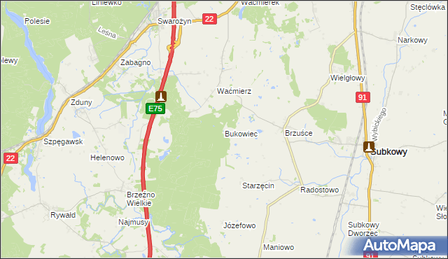 mapa Bukowiec gmina Subkowy, Bukowiec gmina Subkowy na mapie Targeo