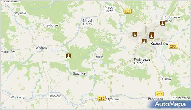 mapa Bulin gmina Kożuchów, Bulin gmina Kożuchów na mapie Targeo