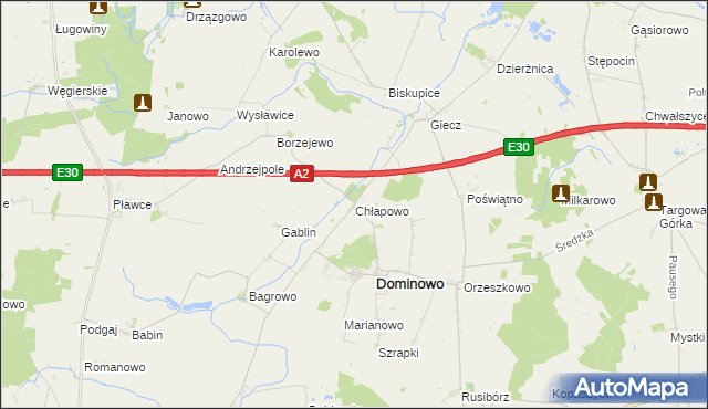 mapa Chłapowo gmina Dominowo, Chłapowo gmina Dominowo na mapie Targeo